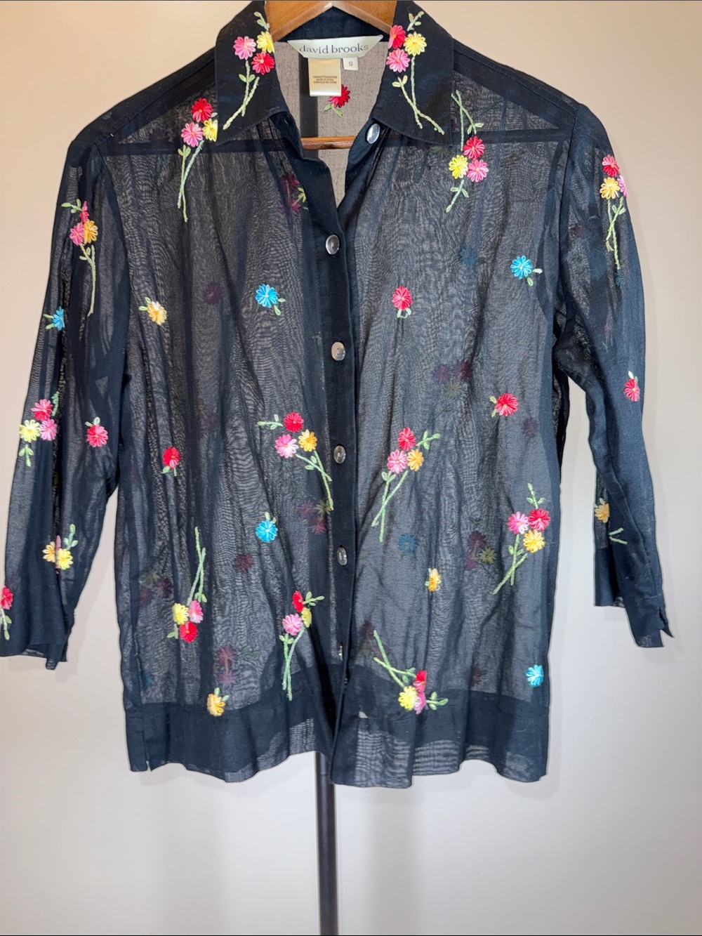 david brooks Black Sheer Button-Up with Multicolor Floral Embroidery | Size S